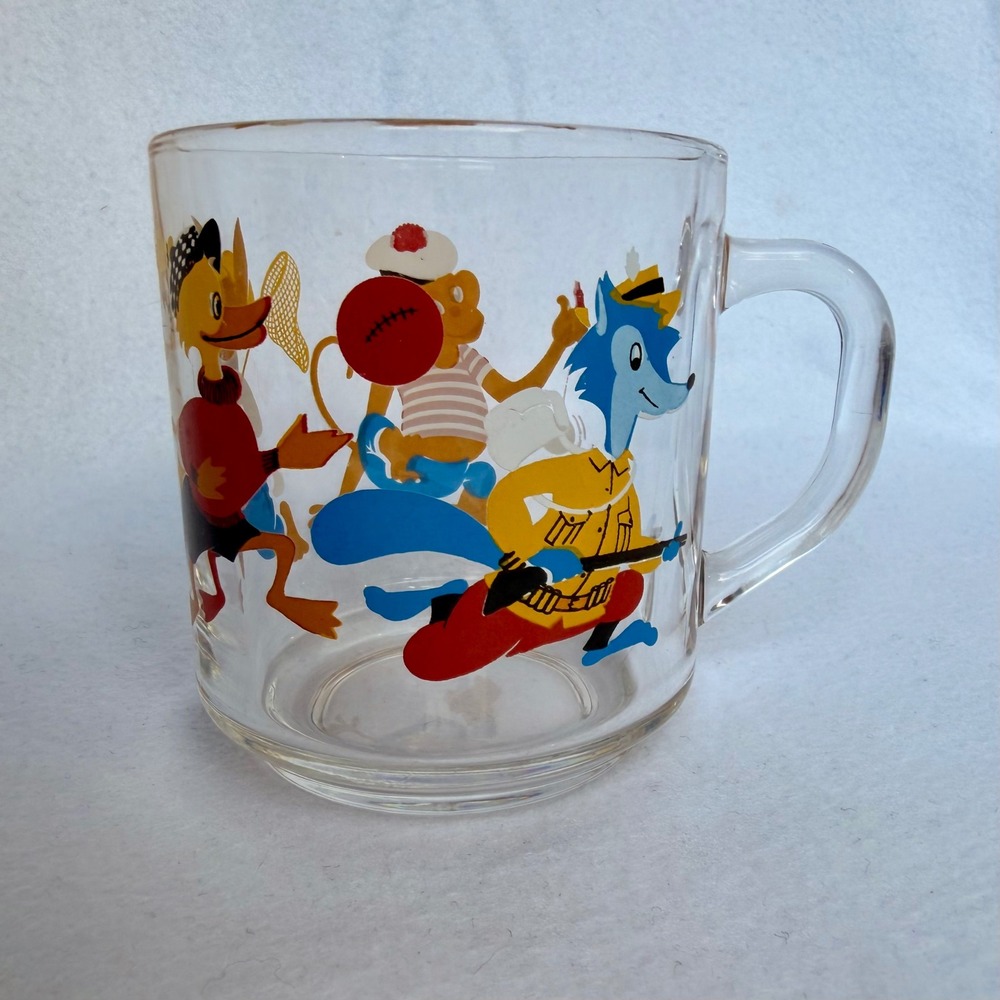 Arcoroc France Glass Mug Kids Clear Whimsical Cartoon Animals Novelty Kitsch